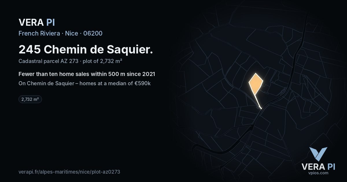 245 Chemin de Saquier, Nice at night – the plot lit, the parcels around coloured by the prices near them