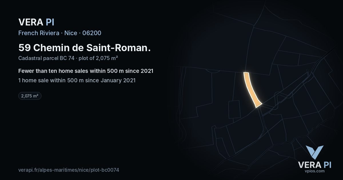59 Chemin de Saint-Roman, Nice at night – the plot lit, the parcels around coloured by the prices near them