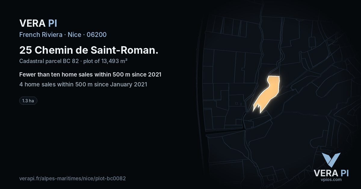 25 Chemin de Saint-Roman, Nice at night – the plot lit, the parcels around coloured by the prices near them