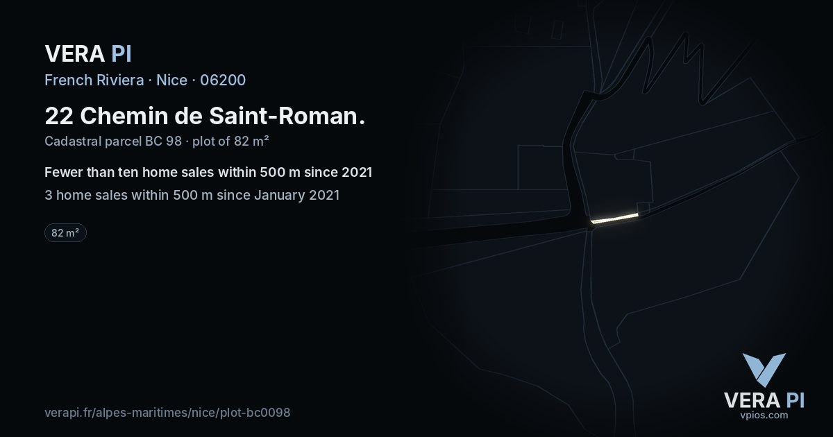 22 Chemin de Saint-Roman, Nice at night – the plot lit, the parcels around coloured by the prices near them