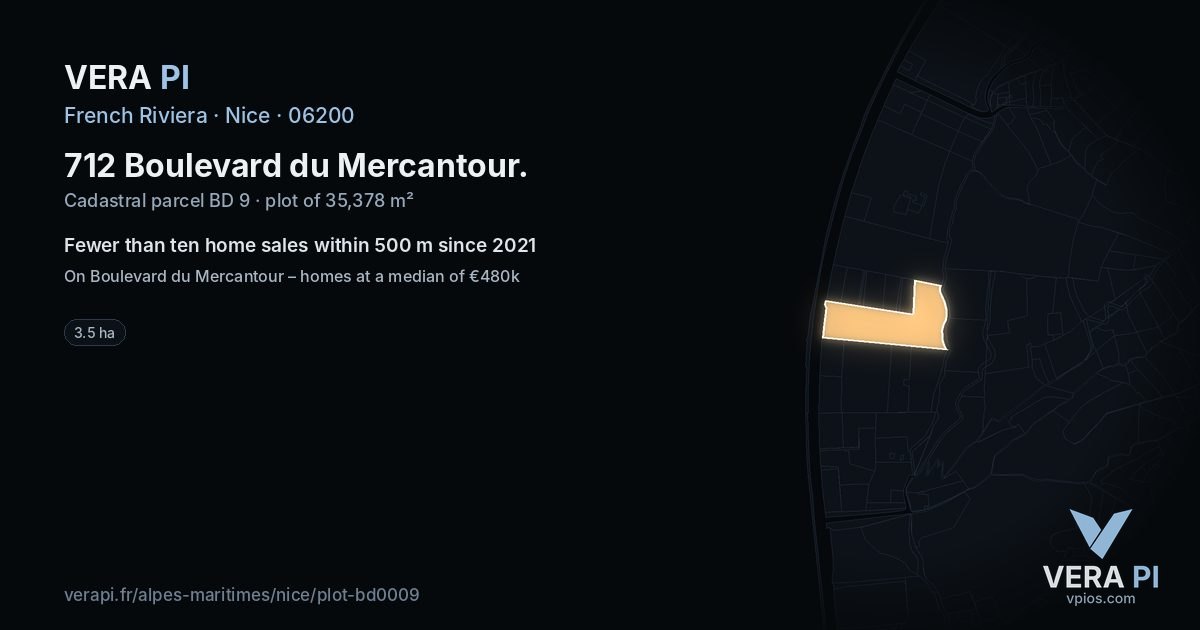 712 Boulevard du Mercantour, Nice at night – the plot lit, the parcels around coloured by the prices near them
