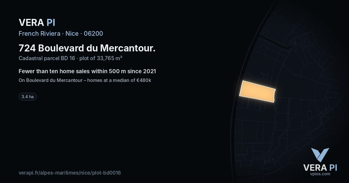 724 Boulevard du Mercantour, Nice at night – the plot lit, the parcels around coloured by the prices near them