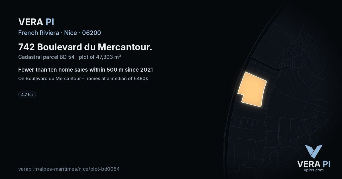 742 Boulevard du Mercantour, Nice at night – the plot lit, the parcels around coloured by the prices near them
