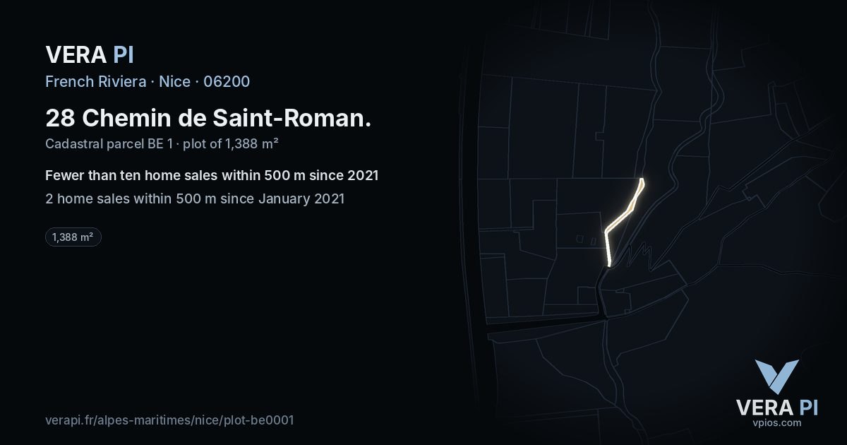 28 Chemin de Saint-Roman, Nice at night – the plot lit, the parcels around coloured by the prices near them
