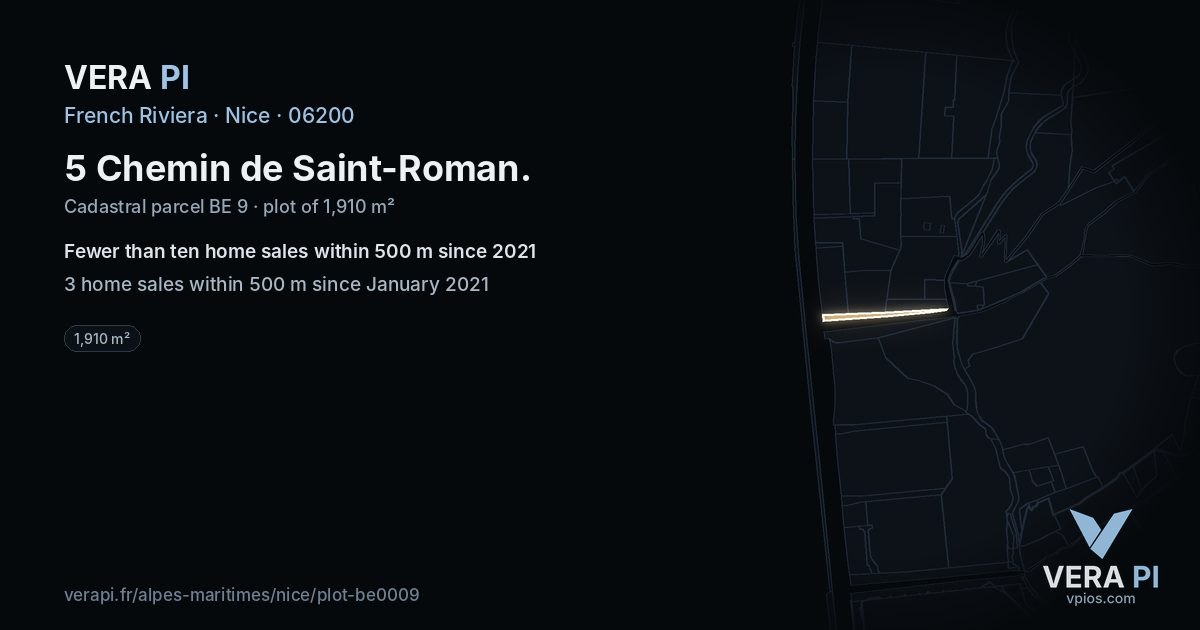 5 Chemin de Saint-Roman, Nice at night – the plot lit, the parcels around coloured by the prices near them