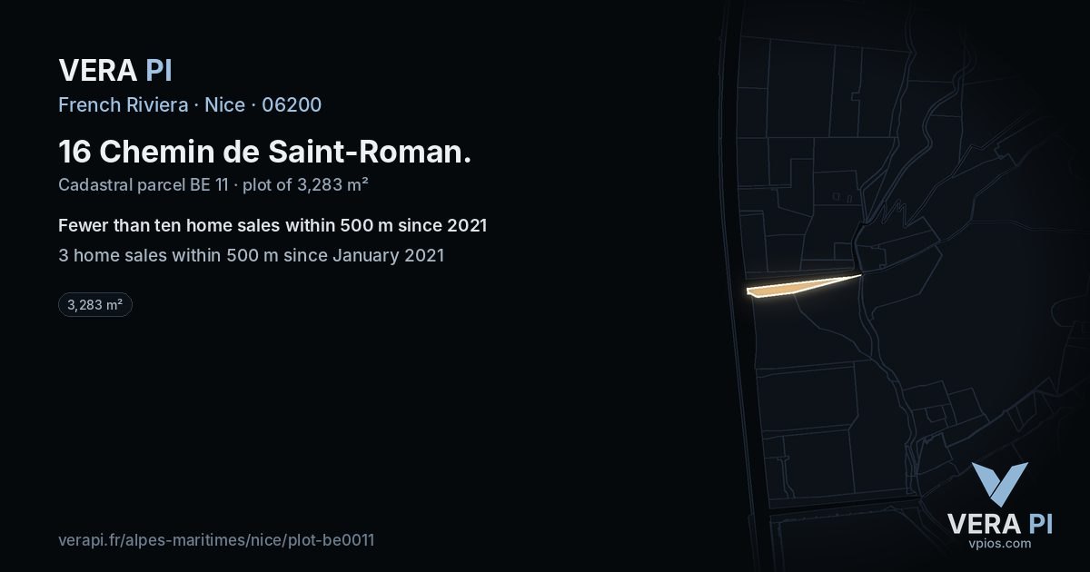 16 Chemin de Saint-Roman, Nice at night – the plot lit, the parcels around coloured by the prices near them