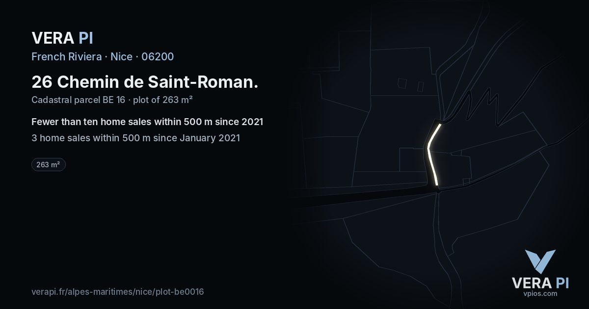 26 Chemin de Saint-Roman, Nice at night – the plot lit, the parcels around coloured by the prices near them
