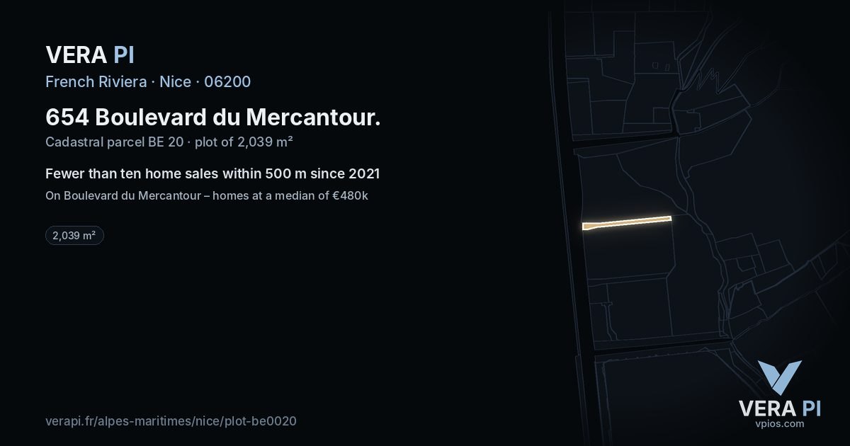 654 Boulevard du Mercantour, Nice at night – the plot lit, the parcels around coloured by the prices near them
