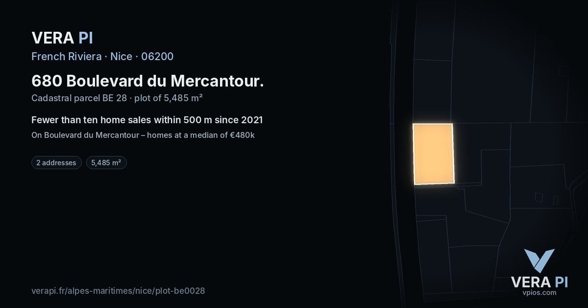680 Boulevard du Mercantour, Nice at night – the plot lit, the parcels around coloured by the prices near them