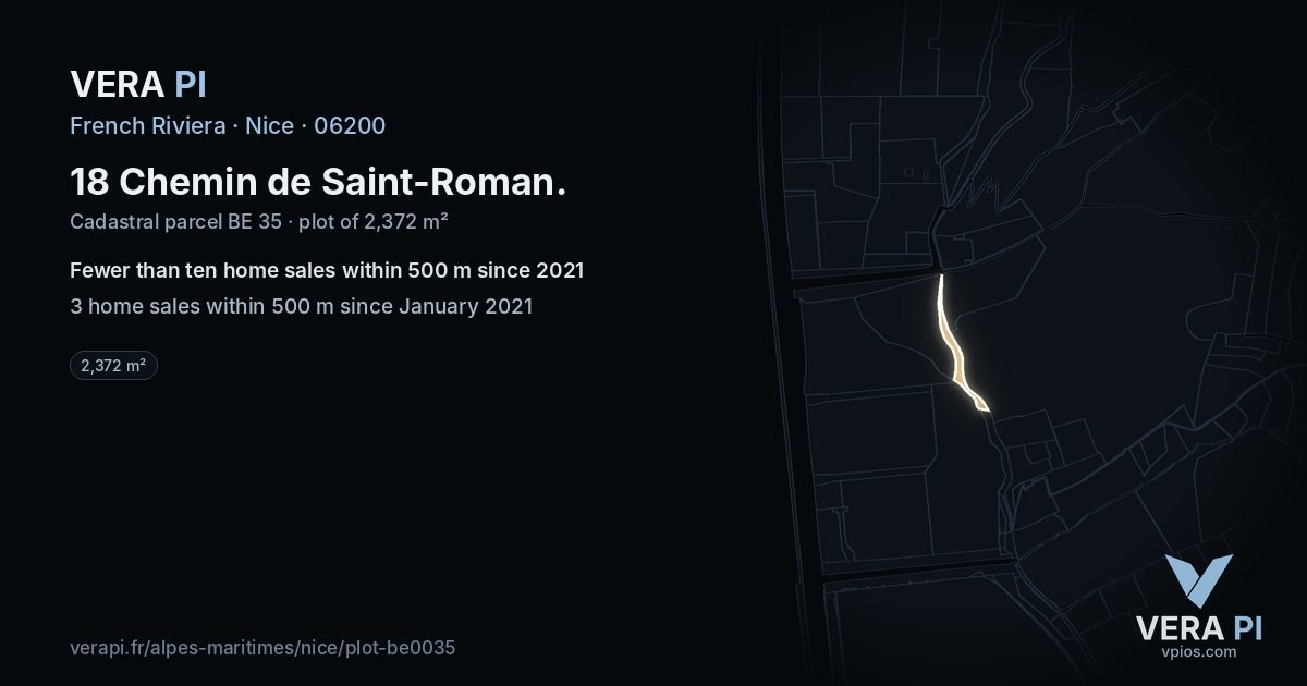 18 Chemin de Saint-Roman, Nice at night – the plot lit, the parcels around coloured by the prices near them