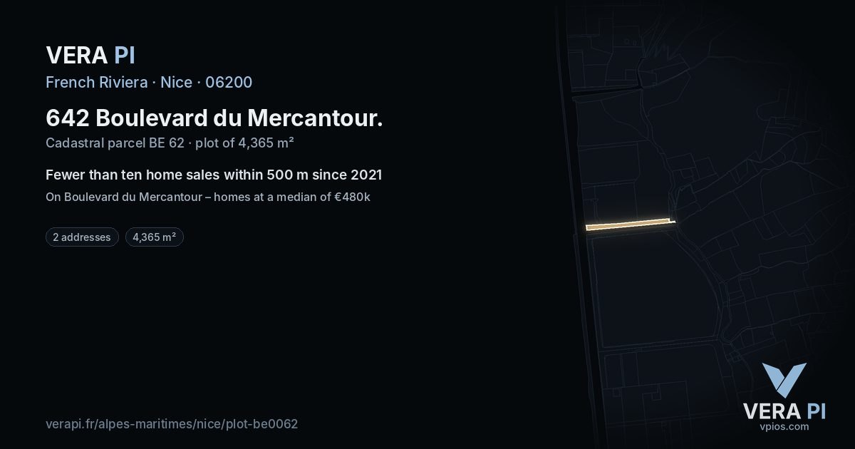 642 Boulevard du Mercantour, Nice at night – the plot lit, the parcels around coloured by the prices near them