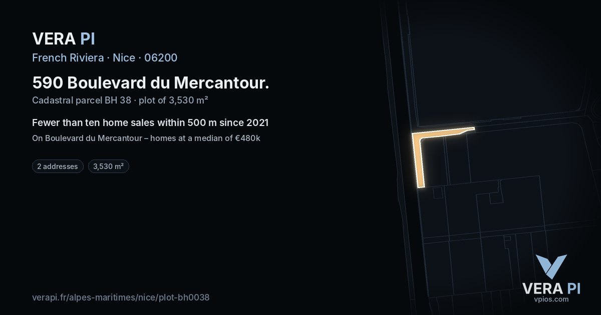 590 Boulevard du Mercantour, Nice at night – the plot lit, the parcels around coloured by the prices near them