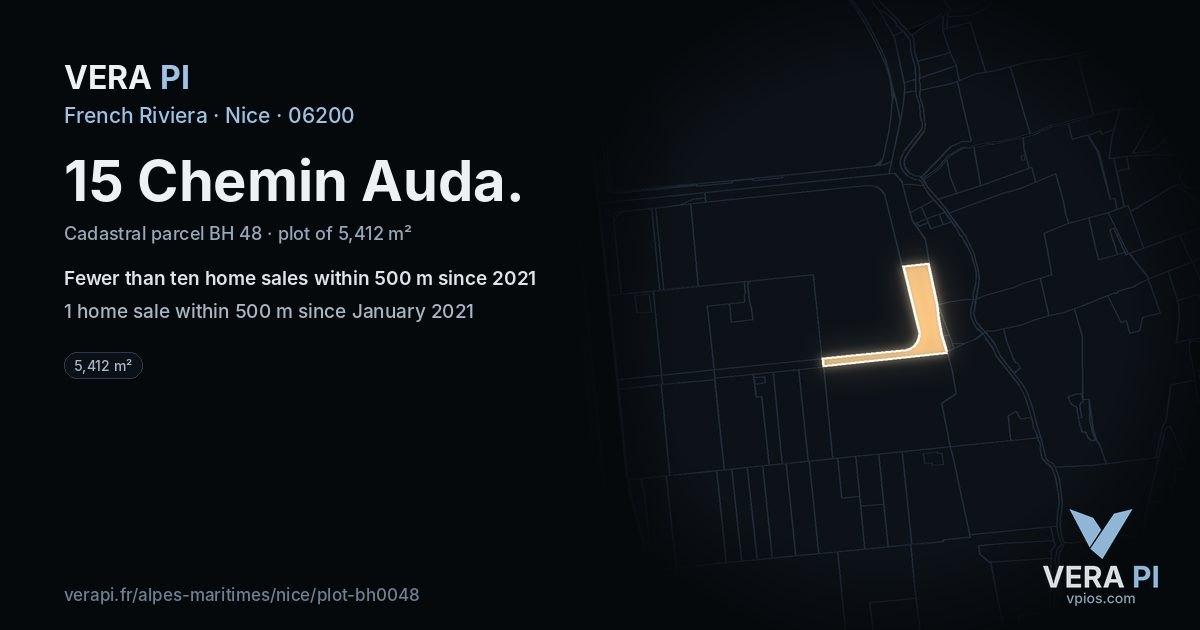 15 Chemin Auda, Nice at night – the plot lit, the parcels around coloured by the prices near them