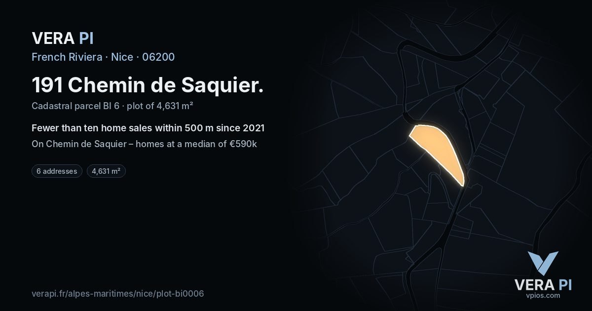 191 Chemin de Saquier, Nice at night – the plot lit, the parcels around coloured by the prices near them
