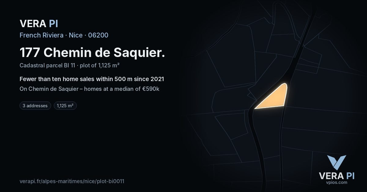 177 Chemin de Saquier, Nice at night – the plot lit, the parcels around coloured by the prices near them