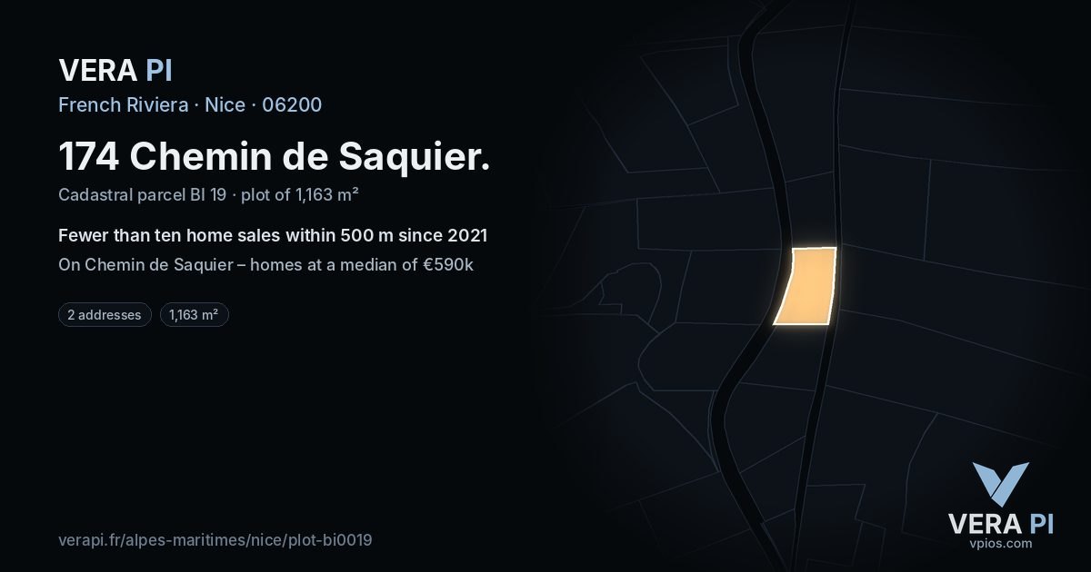174 Chemin de Saquier, Nice at night – the plot lit, the parcels around coloured by the prices near them