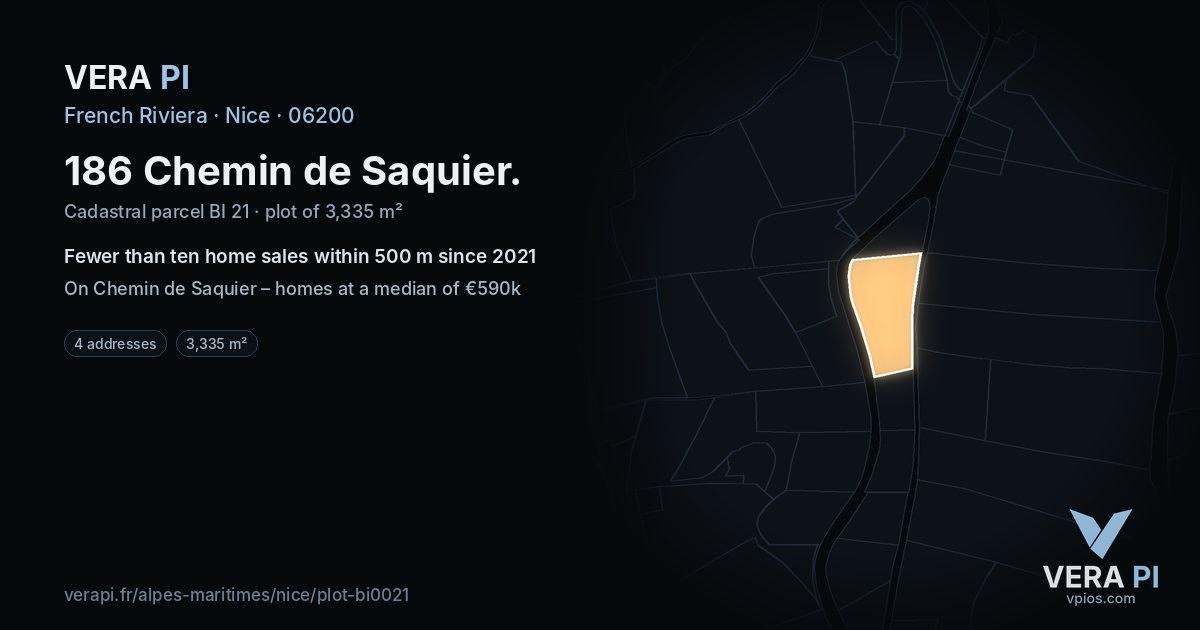 186 Chemin de Saquier, Nice at night – the plot lit, the parcels around coloured by the prices near them