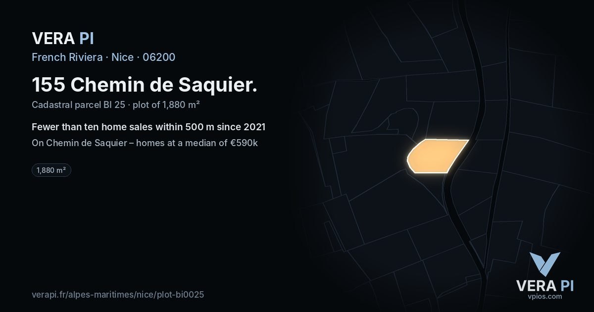 155 Chemin de Saquier, Nice at night – the plot lit, the parcels around coloured by the prices near them