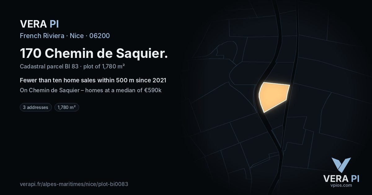 170 Chemin de Saquier, Nice at night – the plot lit, the parcels around coloured by the prices near them