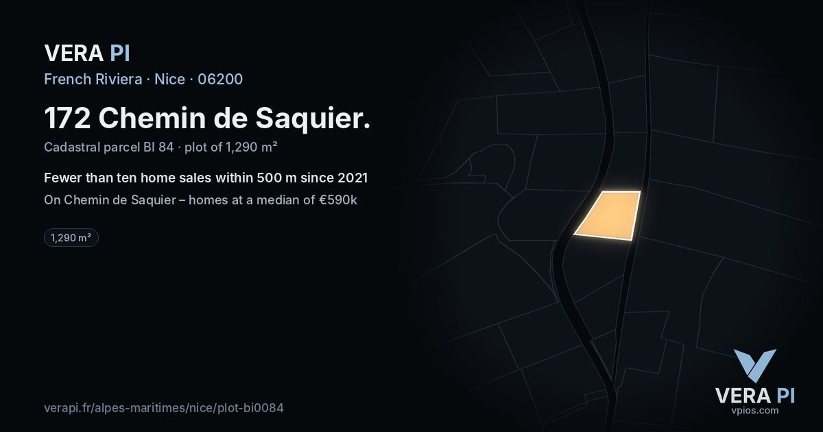 172 Chemin de Saquier, Nice at night – the plot lit, the parcels around coloured by the prices near them