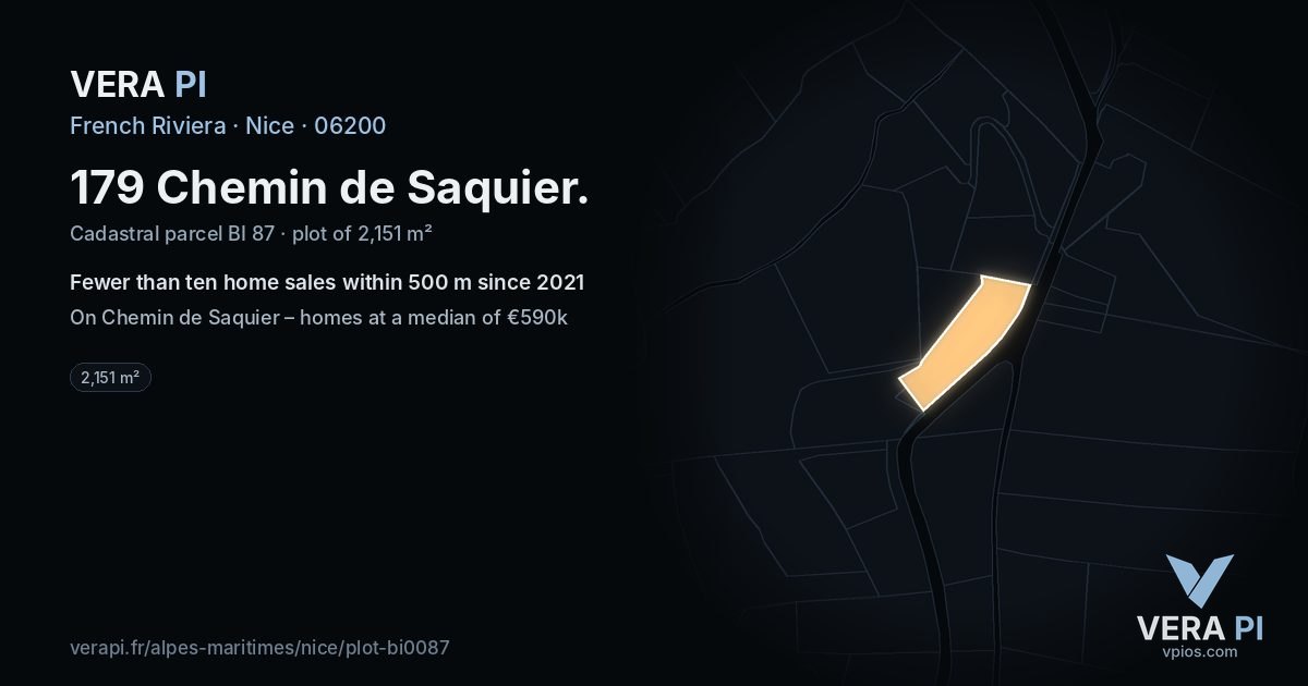 179 Chemin de Saquier, Nice at night – the plot lit, the parcels around coloured by the prices near them