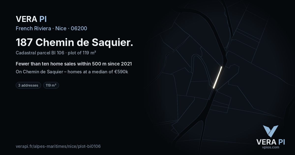 187 Chemin de Saquier, Nice at night – the plot lit, the parcels around coloured by the prices near them