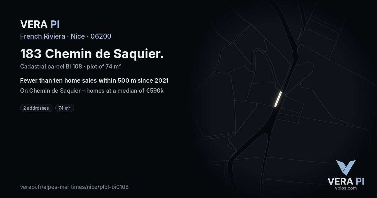 183 Chemin de Saquier, Nice at night – the plot lit, the parcels around coloured by the prices near them