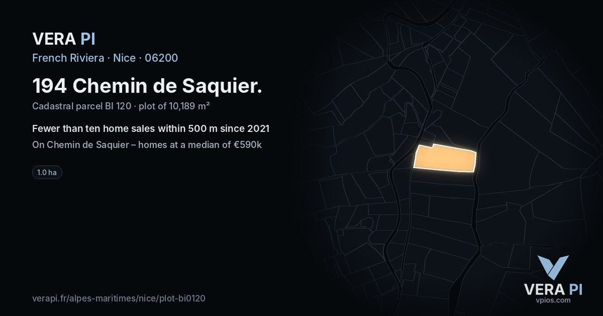 194 Chemin de Saquier, Nice at night – the plot lit, the parcels around coloured by the prices near them