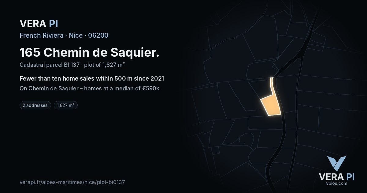 165 Chemin de Saquier, Nice at night – the plot lit, the parcels around coloured by the prices near them
