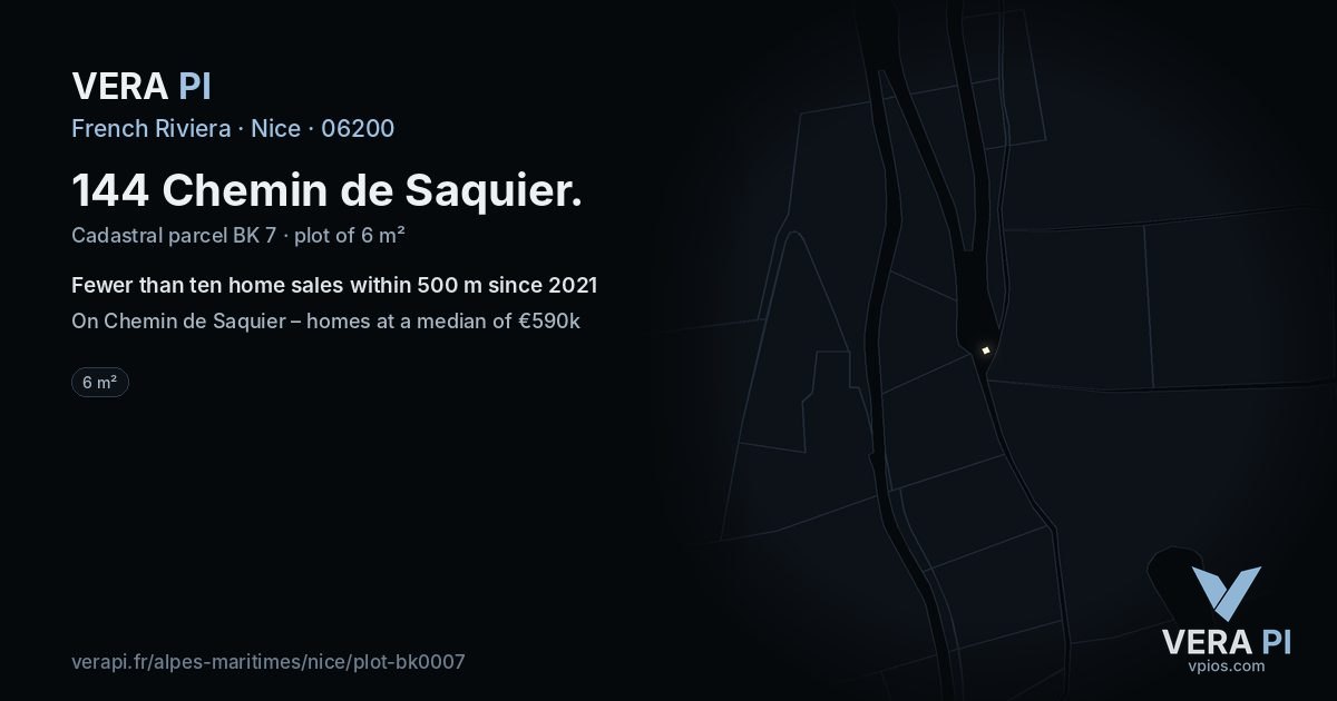 144 Chemin de Saquier, Nice at night – the plot lit, the parcels around coloured by the prices near them