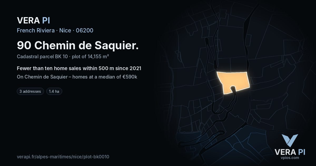 90 Chemin de Saquier, Nice at night – the plot lit, the parcels around coloured by the prices near them