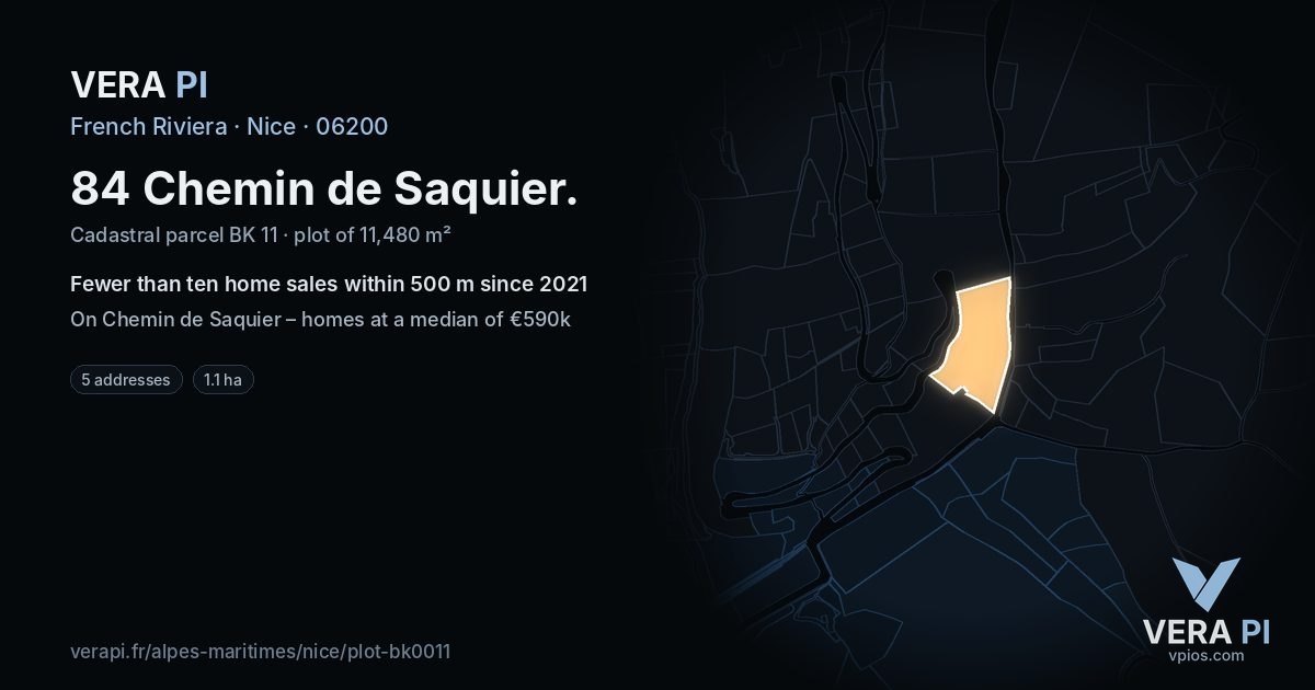 84 Chemin de Saquier, Nice at night – the plot lit, the parcels around coloured by the prices near them