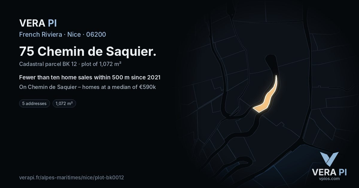 75 Chemin de Saquier, Nice at night – the plot lit, the parcels around coloured by the prices near them