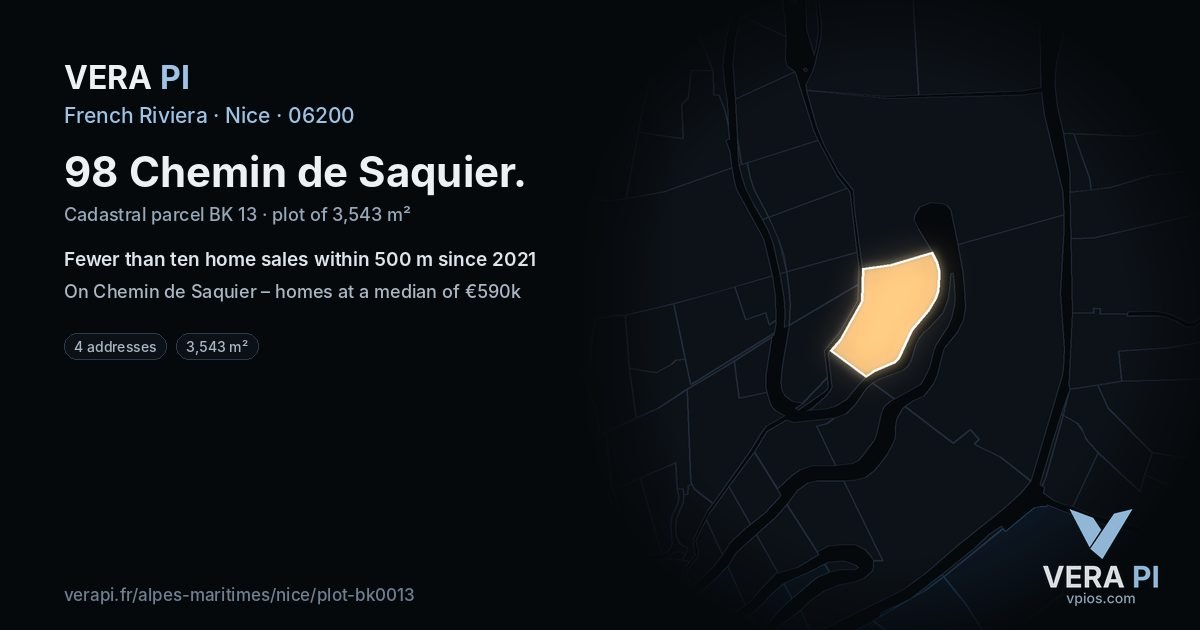 98 Chemin de Saquier, Nice at night – the plot lit, the parcels around coloured by the prices near them