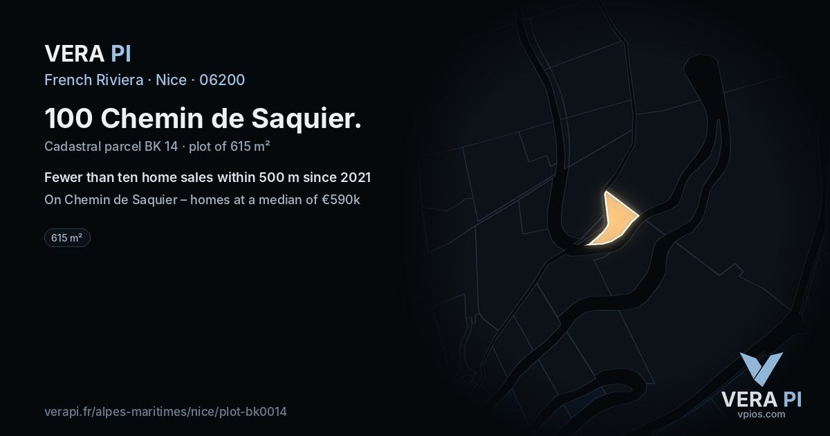 100 Chemin de Saquier, Nice at night – the plot lit, the parcels around coloured by the prices near them