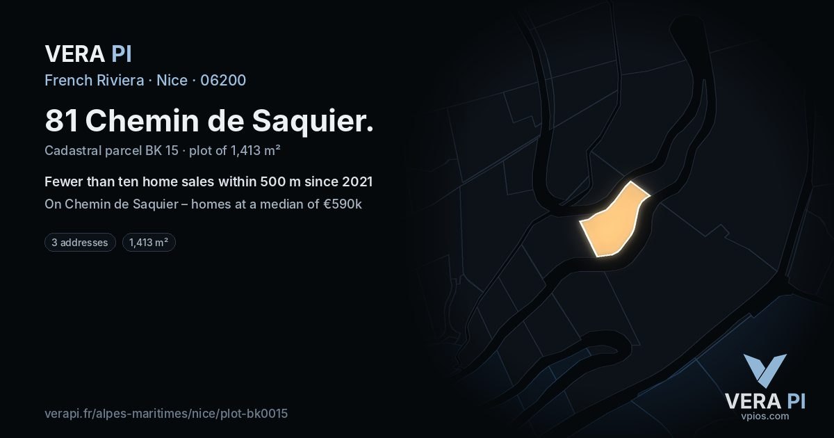 81 Chemin de Saquier, Nice at night – the plot lit, the parcels around coloured by the prices near them