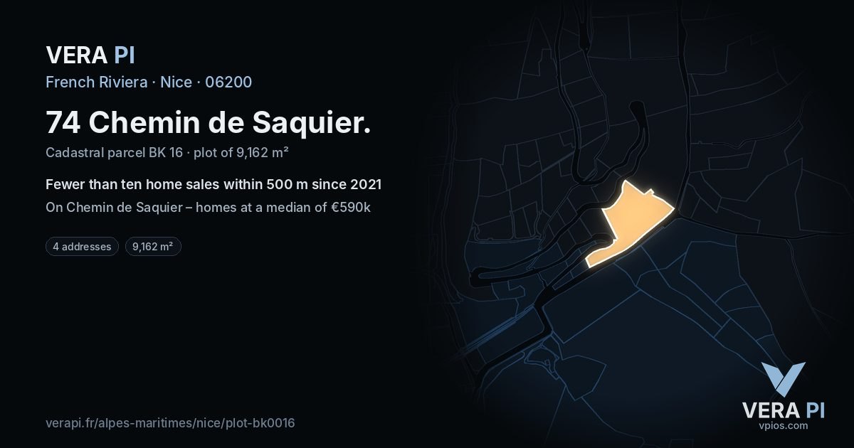 74 Chemin de Saquier, Nice at night – the plot lit, the parcels around coloured by the prices near them