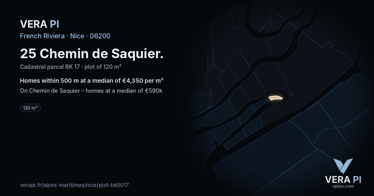 25 Chemin de Saquier, Nice at night – the plot lit, the parcels around coloured by the prices near them