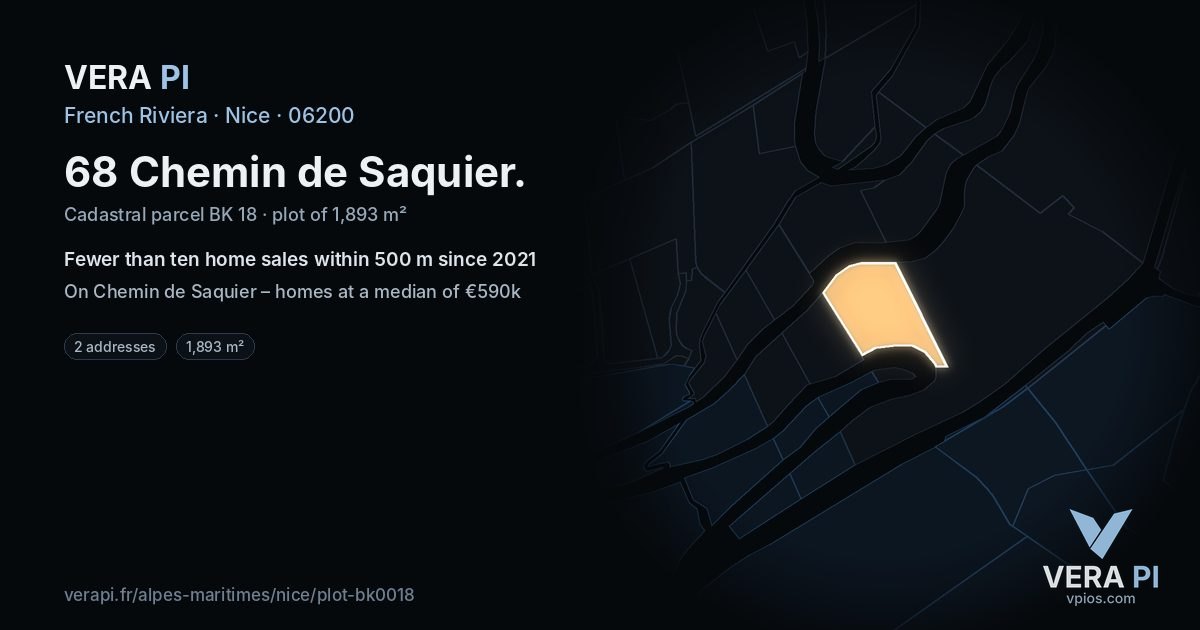 68 Chemin de Saquier, Nice at night – the plot lit, the parcels around coloured by the prices near them