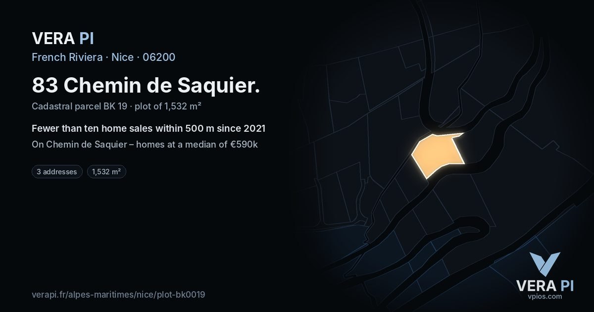 83 Chemin de Saquier, Nice at night – the plot lit, the parcels around coloured by the prices near them