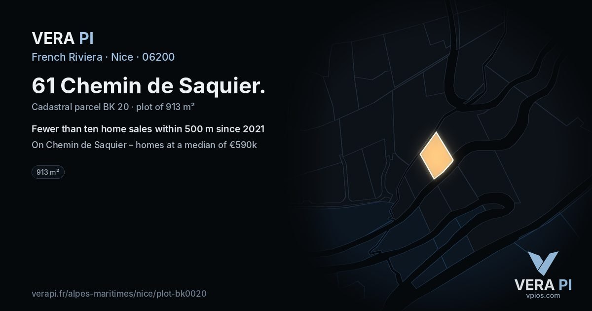61 Chemin de Saquier, Nice at night – the plot lit, the parcels around coloured by the prices near them