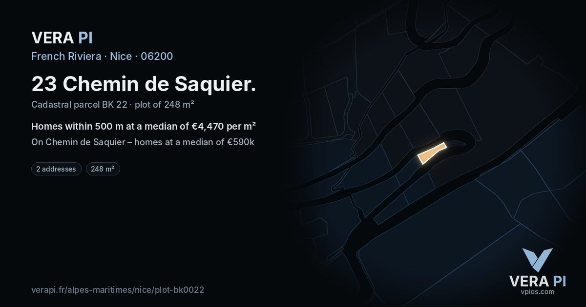 23 Chemin de Saquier, Nice at night – the plot lit, the parcels around coloured by the prices near them