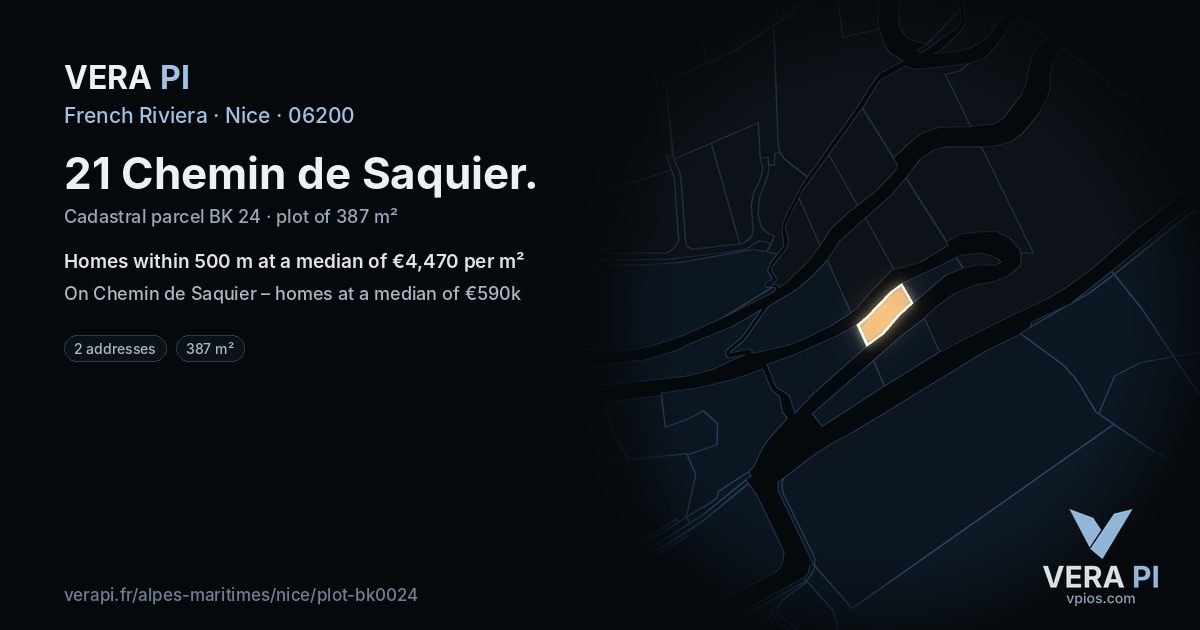 21 Chemin de Saquier, Nice at night – the plot lit, the parcels around coloured by the prices near them