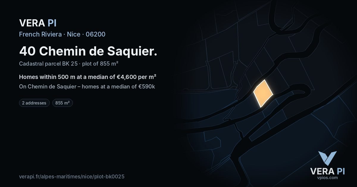 40 Chemin de Saquier, Nice at night – the plot lit, the parcels around coloured by the prices near them