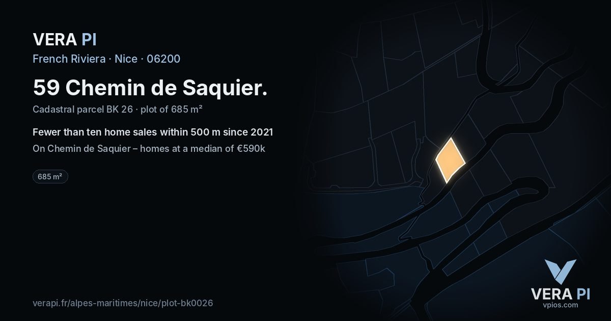 59 Chemin de Saquier, Nice at night – the plot lit, the parcels around coloured by the prices near them