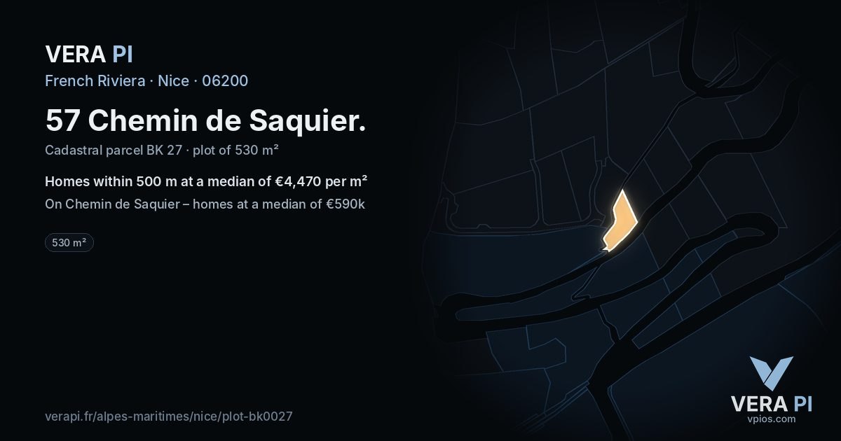 57 Chemin de Saquier, Nice at night – the plot lit, the parcels around coloured by the prices near them