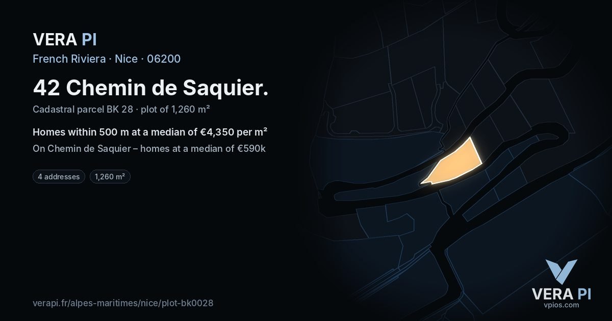 42 Chemin de Saquier, Nice at night – the plot lit, the parcels around coloured by the prices near them