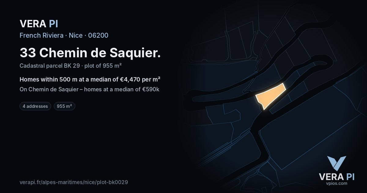 33 Chemin de Saquier, Nice at night – the plot lit, the parcels around coloured by the prices near them