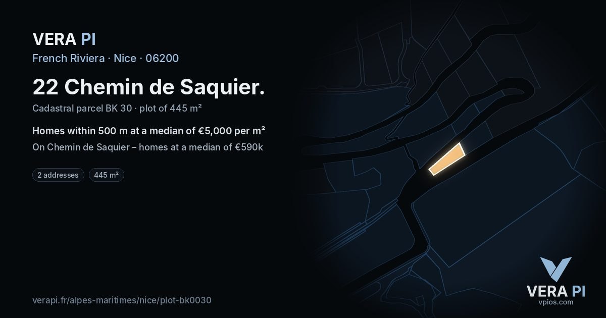 22 Chemin de Saquier, Nice at night – the plot lit, the parcels around coloured by the prices near them