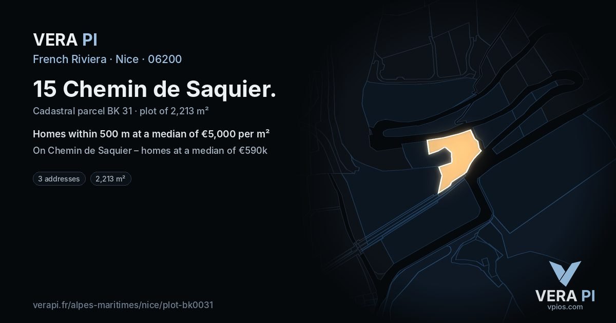 15 Chemin de Saquier, Nice at night – the plot lit, the parcels around coloured by the prices near them
